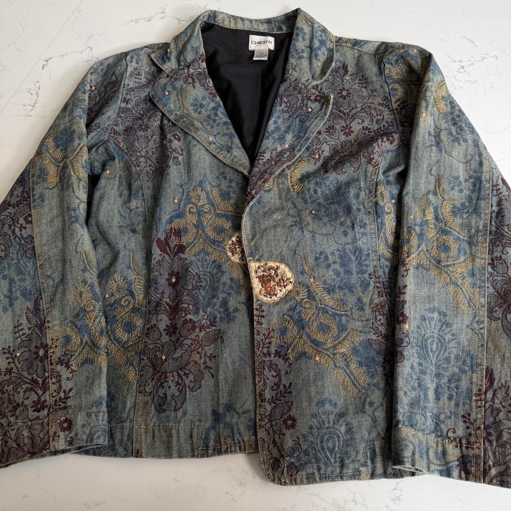 Chico's Size 2 Blue Floral Denim Look Jacket Embroidered Cotton Blazer Boho
